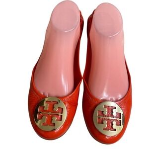 Tory Burch Travel Ballet Flats Orange Patent Leather Gold Logo Women's 9 euc